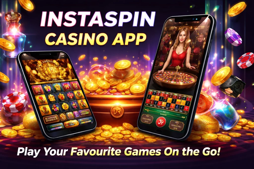 Instaspin Casino App mobile gaming banner with smartphones showing casino slots and live roulette games