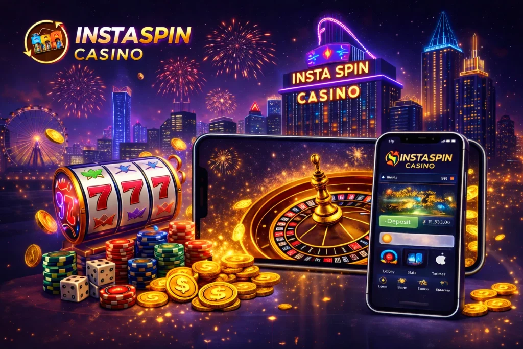 Instaspin Casino homepage banner with mobile casino app, slot machine, roulette wheel, chips and glowing city casino background