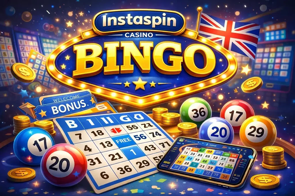 Instaspin Casino Bingo UK – bright bingo balls, cards and coins with modern online casino atmosphere and lively game scene