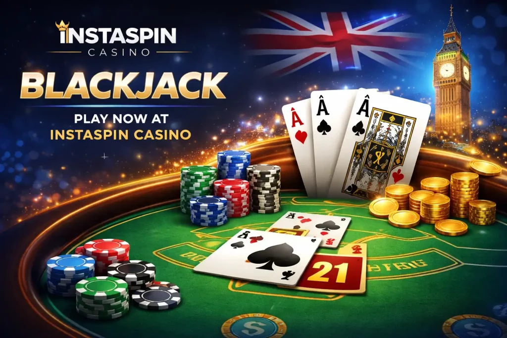Instaspin Casino Blackjack banner featuring playing cards, casino chips, golden coins, and a blackjack table with UK-themed background and Big Ben