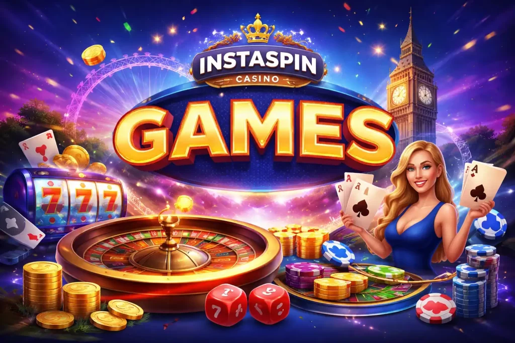 Instaspin Casino Games banner featuring roulette wheel, poker chips, playing cards, slot machine symbols, and London landmarks in a vibrant UK-themed design