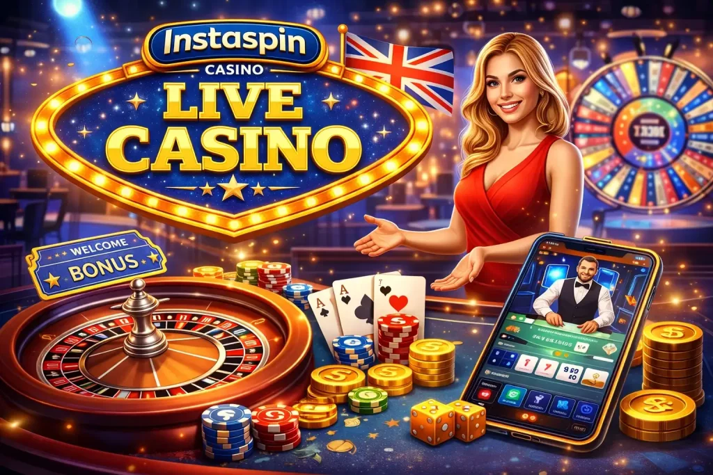 Instaspin Casino Live Casino UK – roulette wheel, cards, chips and mobile live table with modern real-time gaming atmosphere
