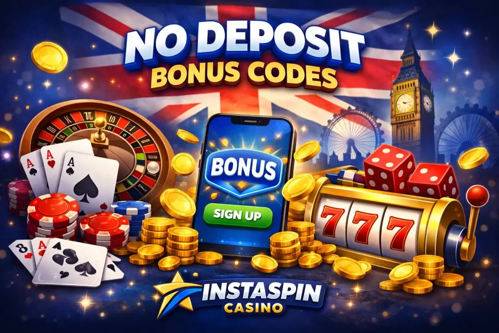 No Deposit Bonus Codes at Instaspin Casino UK with roulette wheel, poker cards, slot machine, coins and mobile bonus sign up screen on a British-themed background