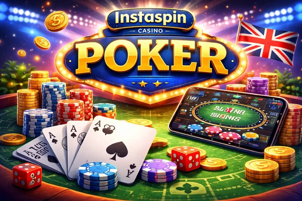 Instaspin Casino Poker UK – dynamic poker table scene with chips, cards, coins and modern online gaming atmosphere