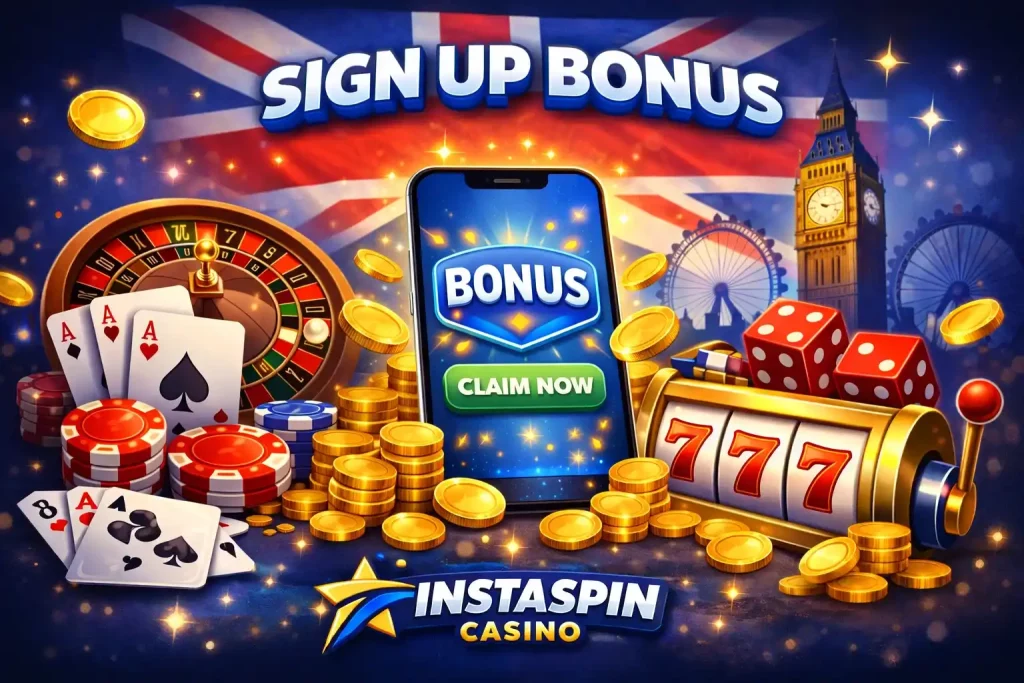 Instaspin Casino Sign Up Bonus UK with smartphone bonus screen, roulette wheel, poker chips, slot machine and coins on a British-themed background