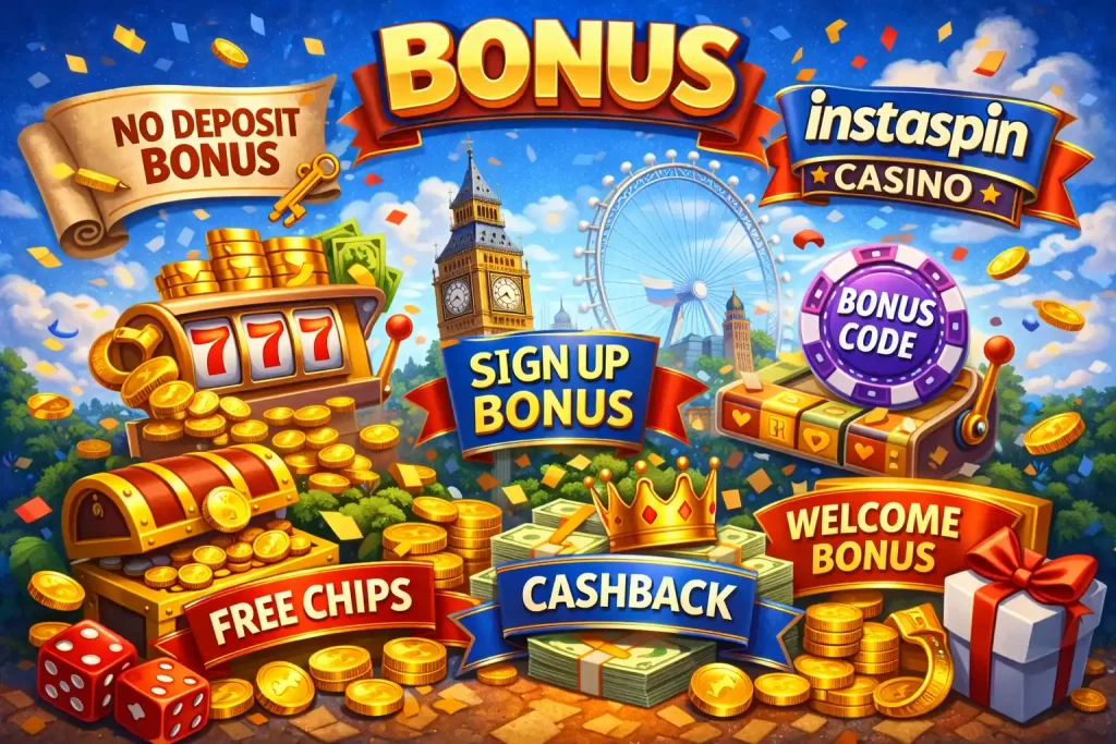 Instaspin Casino bonus illustration with UK theme, coins, free chips, cashback rewards, slot machine, and vibrant promotional elements in a colorful casino style