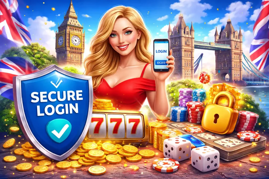 Instaspin Casino login illustration with secure access shield, UK landmarks, slot machine, chips and coins, blue casino style design