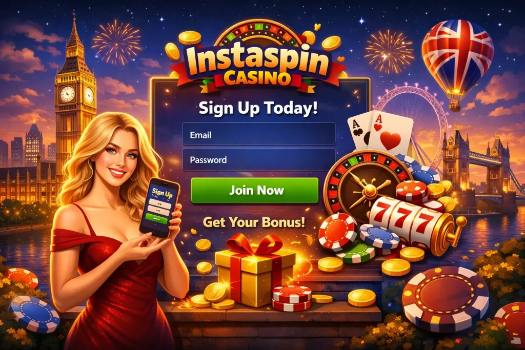 Instaspin Casino sign up illustration featuring registration form, UK skyline, casino elements, and mobile account creation interface
