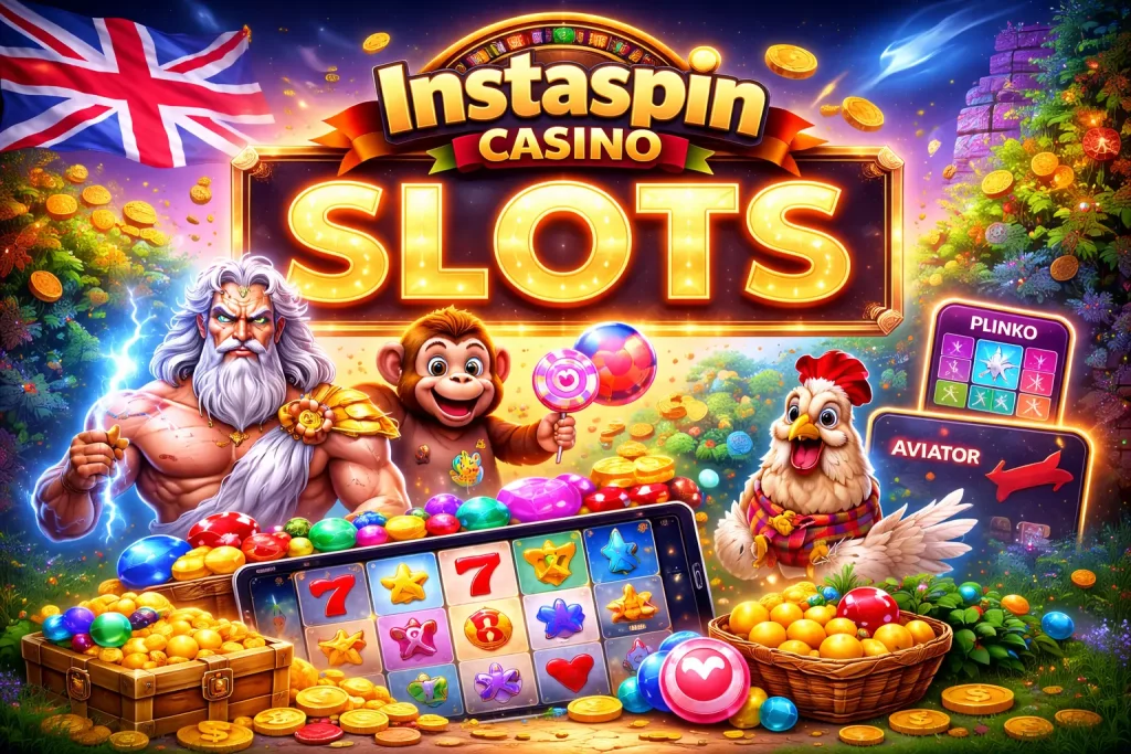 Instaspin Casino slots illustration featuring UK theme, slot reels, gold coins, and popular games like Gates of Olympus, Sweet Bonanza, Plinko, and Aviator